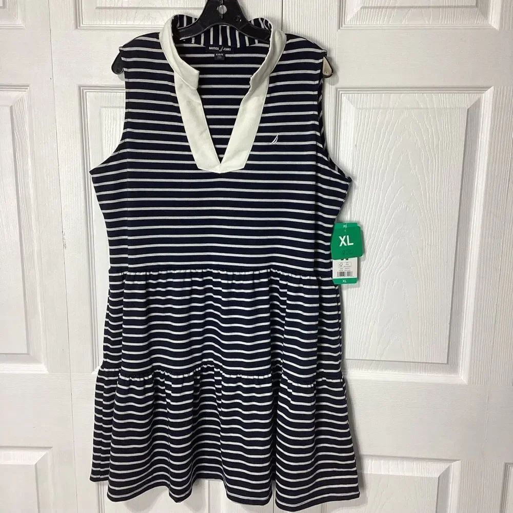 Nautica Tiered Sleeveless Dress With White Polo Collar Blue White Stripe NWT XL